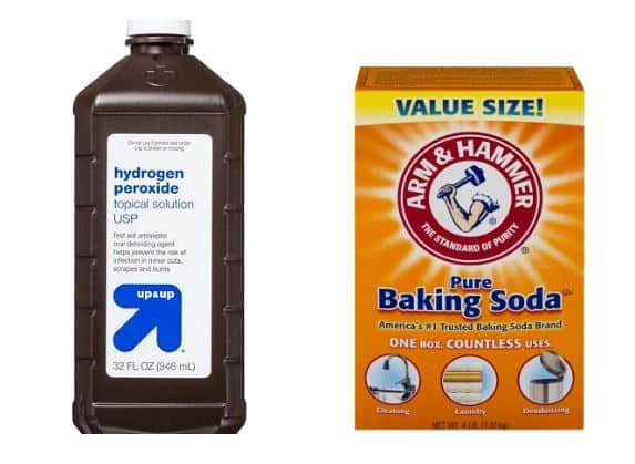 Baking soda mixed with hydrogen peroxide is a whitening remedy. 